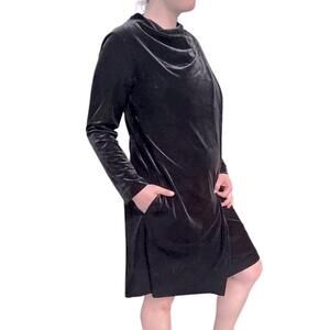 🖤 Joan Vass Black Velvet Draped Cowl Neck A-Line Dress –